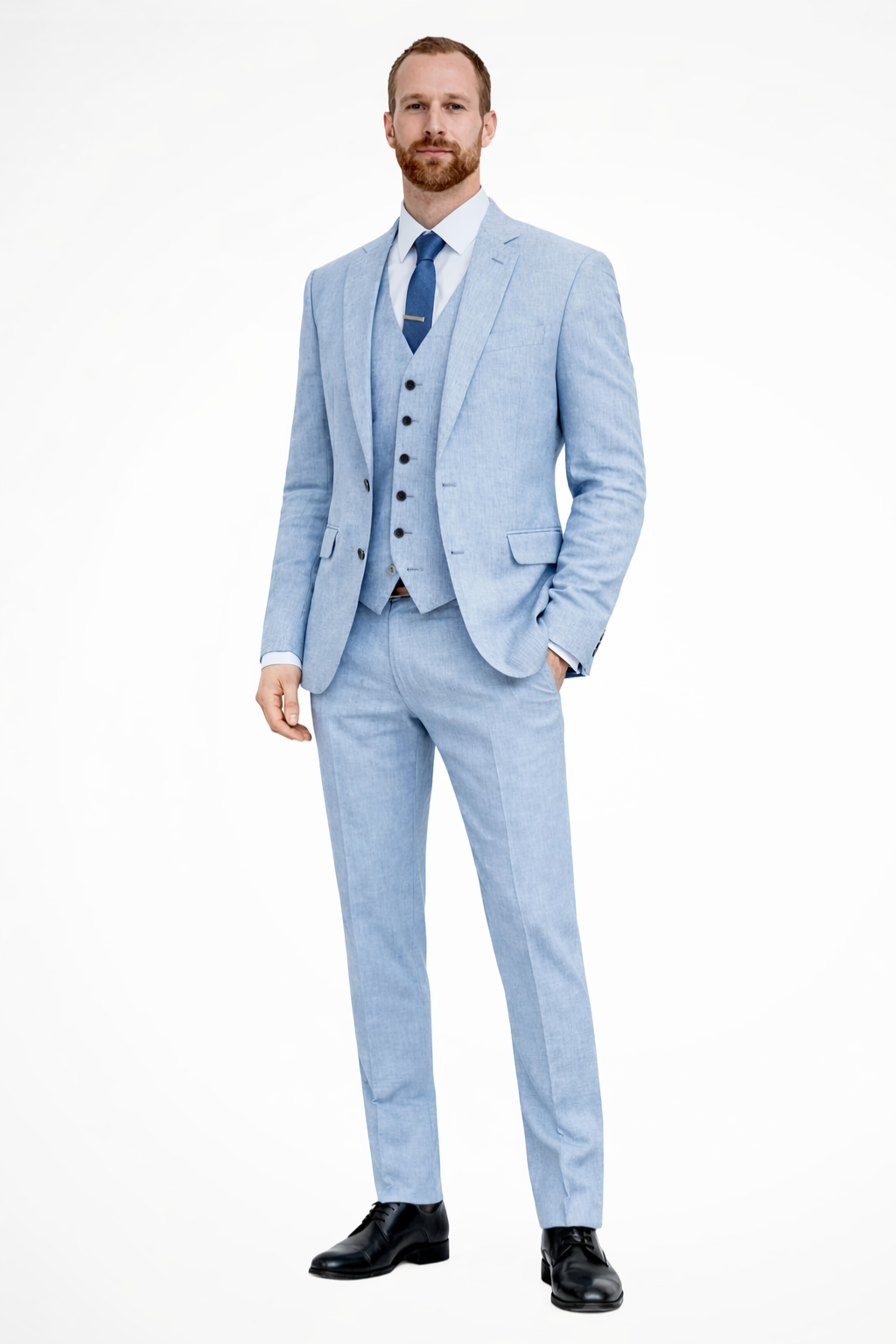 Clifton Men’s Suit in Light Blue featuring a stylish blazer, coordinating waistcoat, and tailored trousers, perfect for formal occasions and professional settings. 2