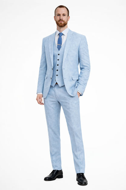 Clifton Men’s Suit in Light Blue featuring a stylish blazer, coordinating waistcoat, and tailored trousers, perfect for formal occasions and professional settings. 5