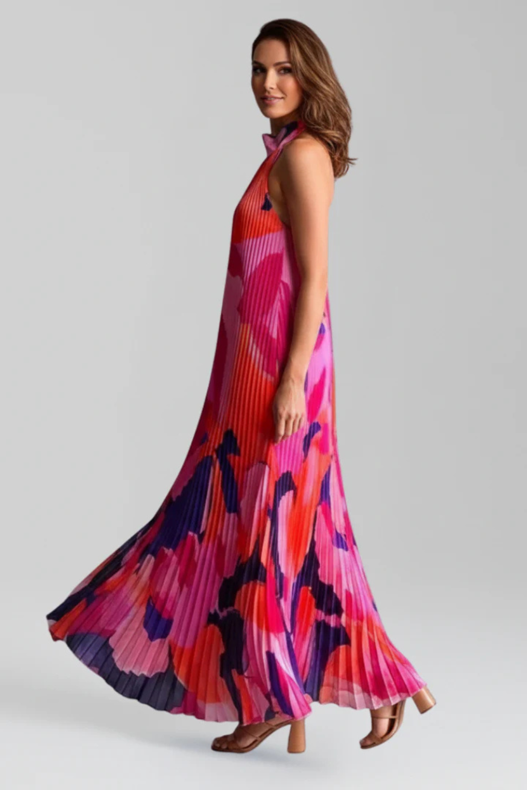 Cora Women’s Maxi Dress featuring a stylish halter neckline and elegant pleated design, perfect for summer occasions and casual outings. 1