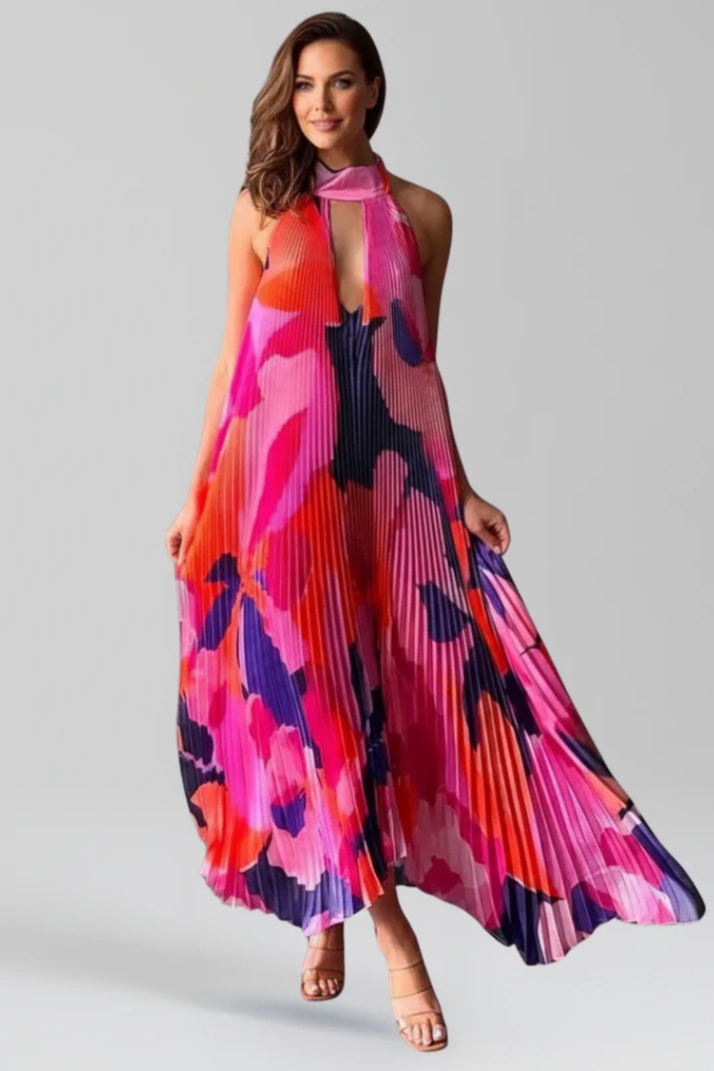 Cora Women’s Maxi Dress featuring a stylish halter neckline and elegant pleated design, perfect for summer occasions and casual outings. 3