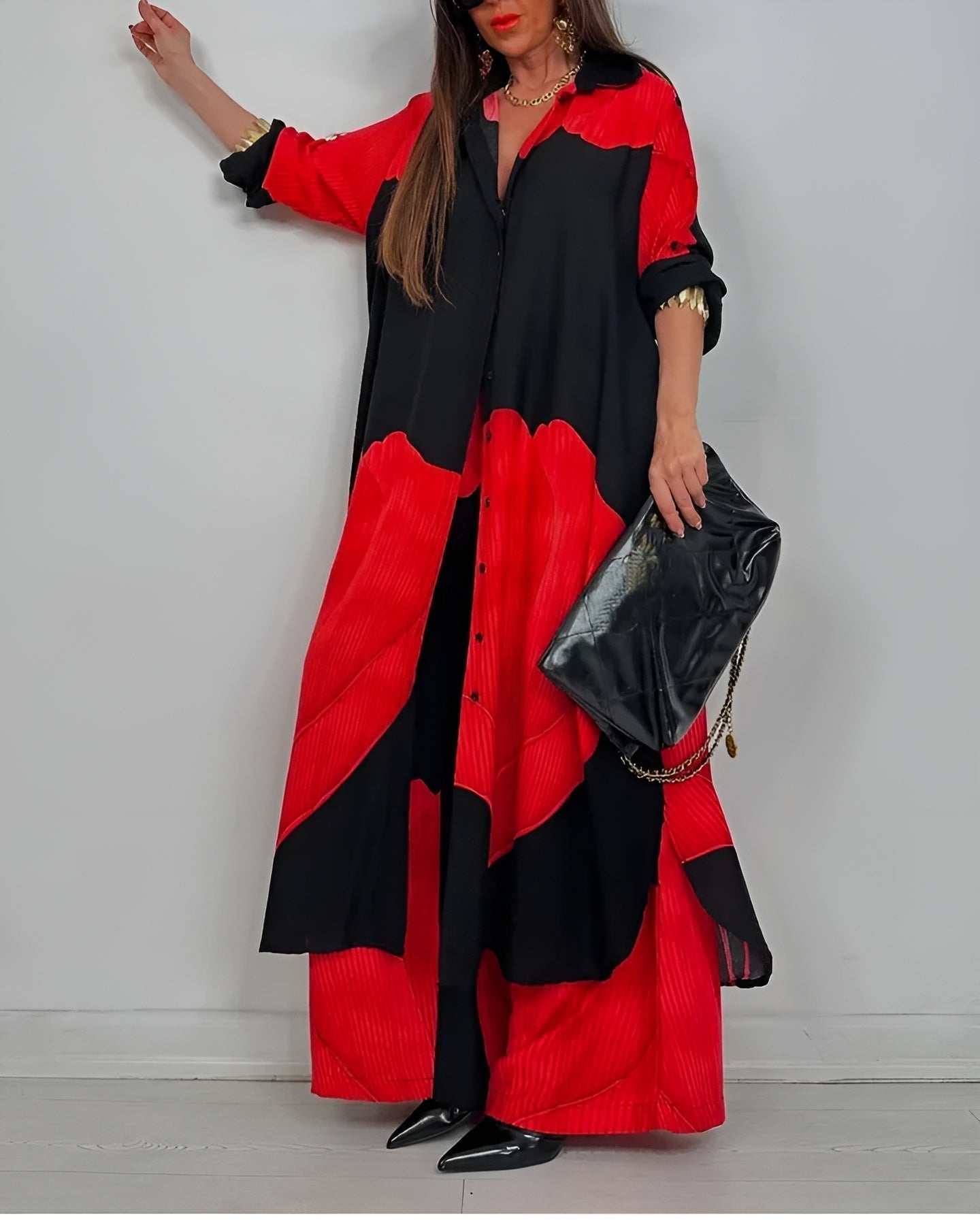 Cora Women’s Outfit Set featuring a stylish collared button shirt and elegant wide leg pants, perfect for casual or formal occasions. 1