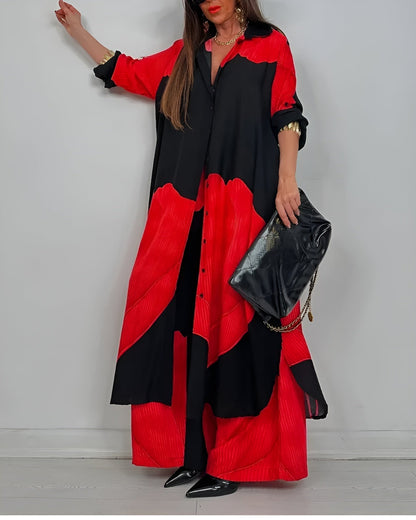 Cora Women’s Outfit Set featuring a stylish collared button shirt and elegant wide leg pants, perfect for casual or formal occasions. 1