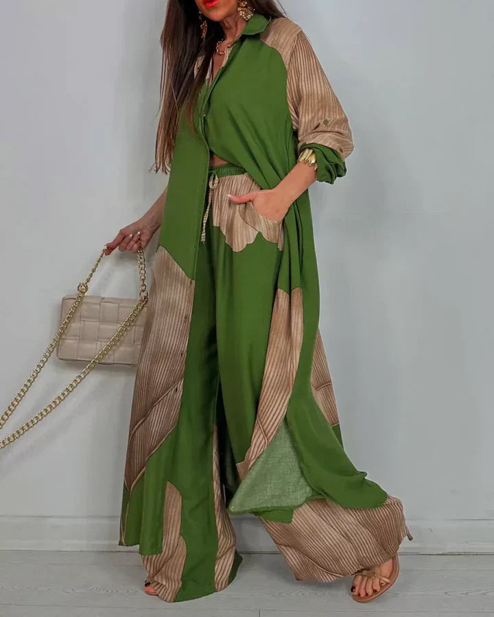 Cora Women’s Outfit Set featuring a stylish collared button shirt and elegant wide leg pants, perfect for casual or formal occasions. 2