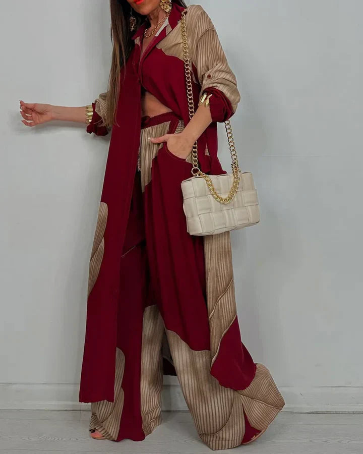 Cora Women’s Outfit Set featuring a stylish collared button shirt and elegant wide leg pants, perfect for casual or formal occasions. 3