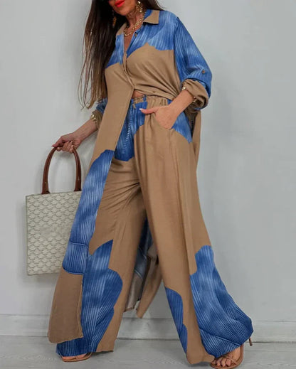 Cora Women’s Outfit Set featuring a stylish collared button shirt and elegant wide leg pants, perfect for casual or formal occasions. 4