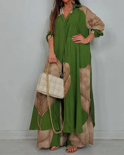 Cora Women’s Outfit Set featuring a stylish collared button shirt and elegant wide leg pants, perfect for casual or formal occasions. 6