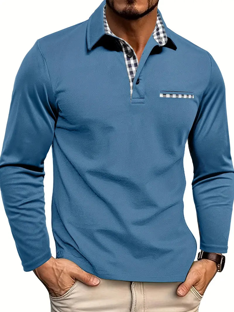 Crisp men's long sleeve polo shirt featuring a classic collar and made from soft, comfortable fabric, ideal for casual and semi-formal occasions. 3