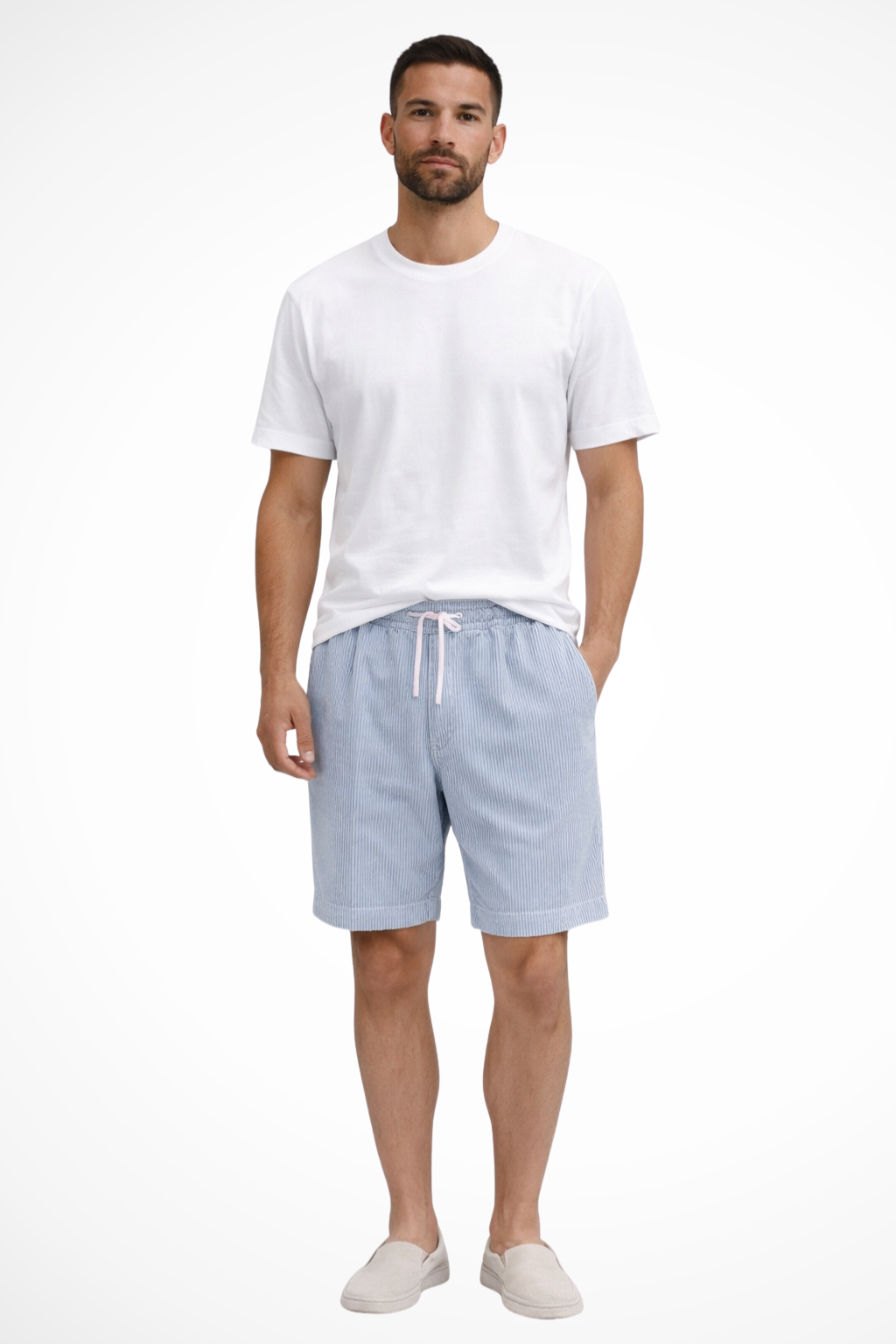Dapper men's chino shorts featuring a high waist and stylish striped design, perfect for casual summer outings. 12