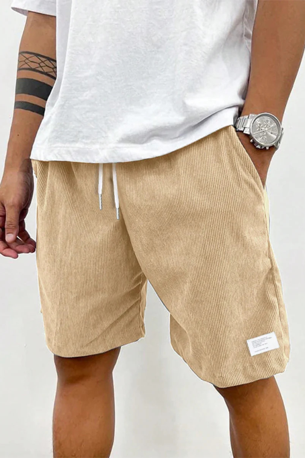Dapper men's chino shorts featuring a high waist and stylish striped design, perfect for casual summer outings. 3