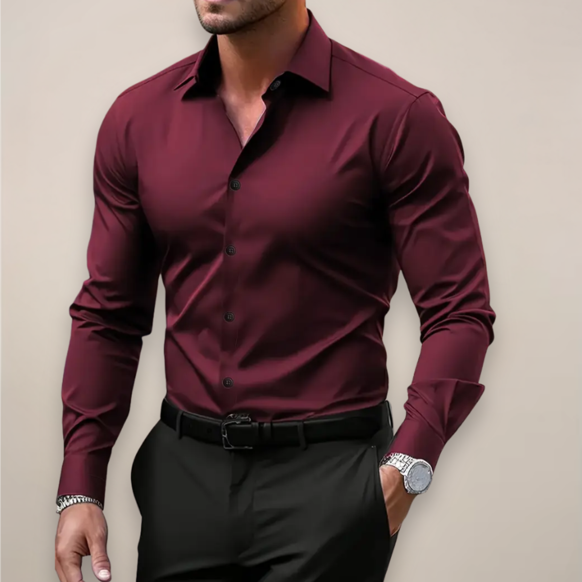 Dapper Men's Dress Shirt featuring a slim fit and modern tailored design, perfect for formal occasions and stylish office wear. 1