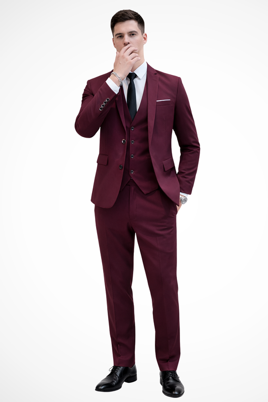 Dapper men’s suit featuring a notch lapel and a stylish three-piece design, perfect for formal occasions and professional settings. 0