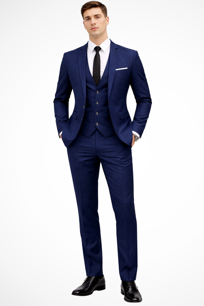 Dapper men’s suit featuring a notch lapel and a stylish three-piece design, perfect for formal occasions and professional settings. 1