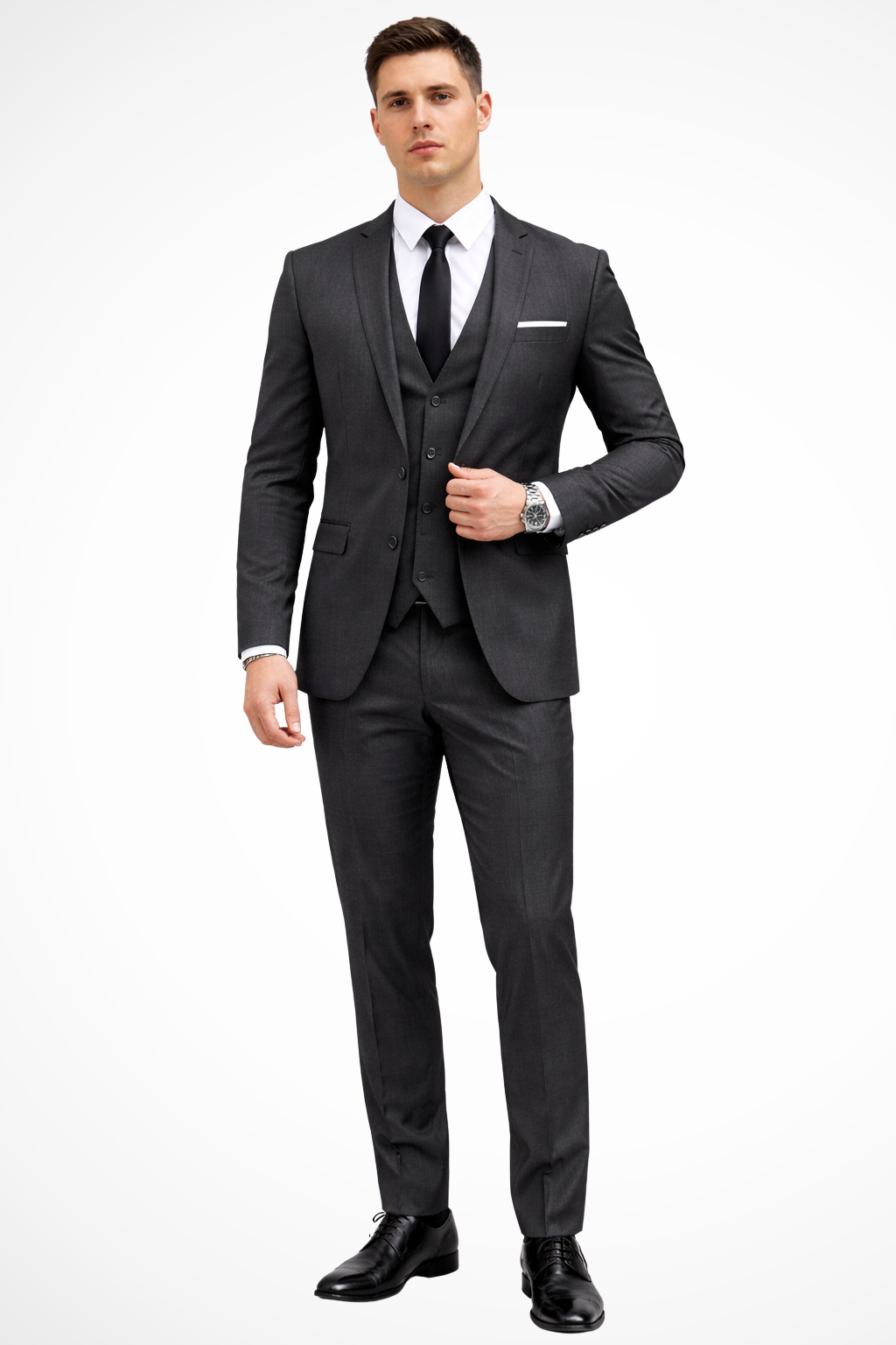 Dapper men’s suit featuring a notch lapel and a stylish three-piece design, perfect for formal occasions and professional settings. 4