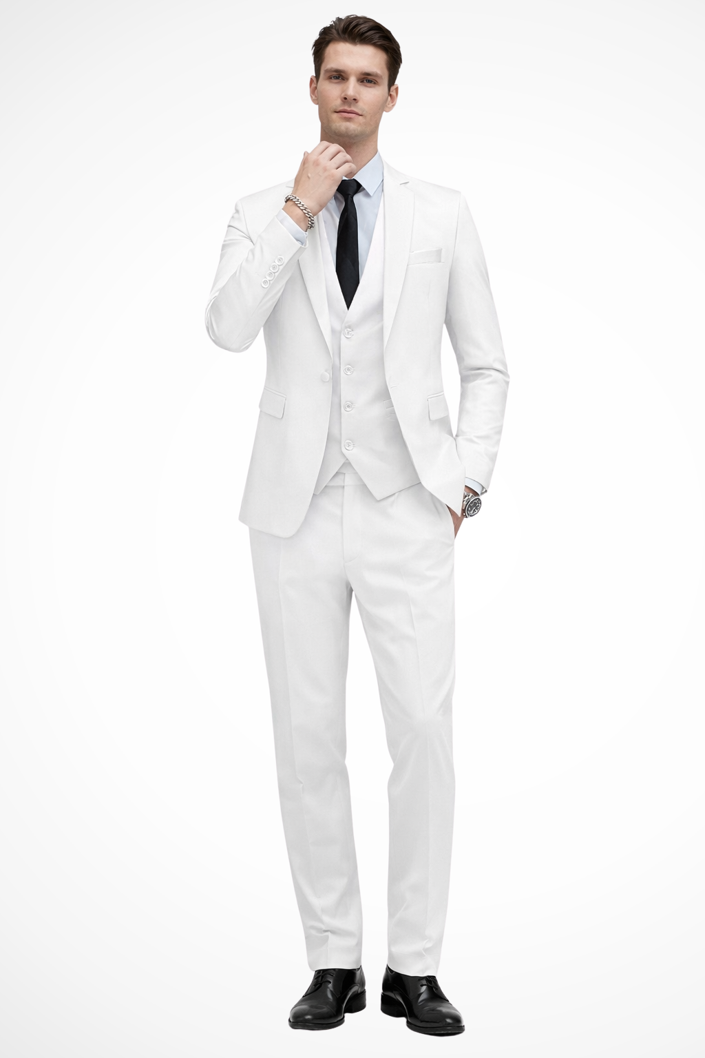 Dapper men’s suit featuring a notch lapel and a stylish three-piece design, perfect for formal occasions and professional settings. 6