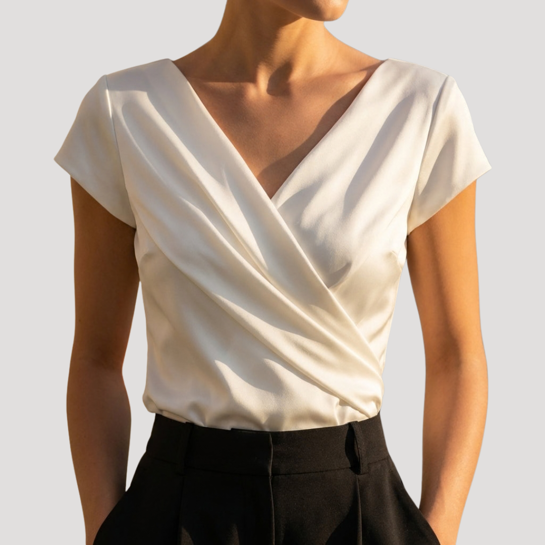 Dara Women’s Blouse featuring a stylish draped wrap front and elegant V-neck design, perfect for both casual and formal occasions. 0