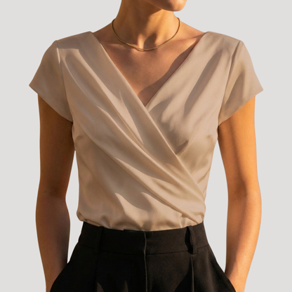Dara Women’s Blouse featuring a stylish draped wrap front and elegant V-neck design, perfect for both casual and formal occasions. 1