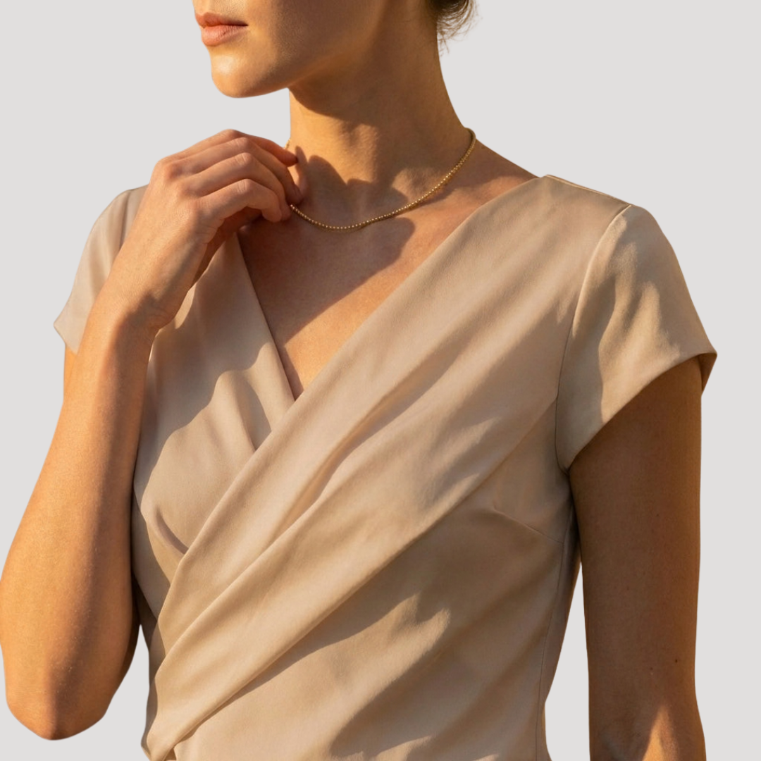 Dara Women’s Blouse featuring a stylish draped wrap front and elegant V-neck design, perfect for both casual and formal occasions. 2