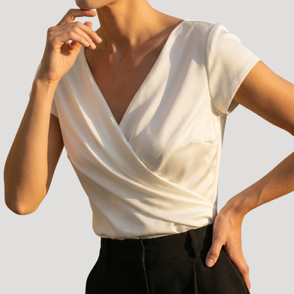 Dara Women’s Blouse featuring a stylish draped wrap front and elegant V-neck design, perfect for both casual and formal occasions. 3