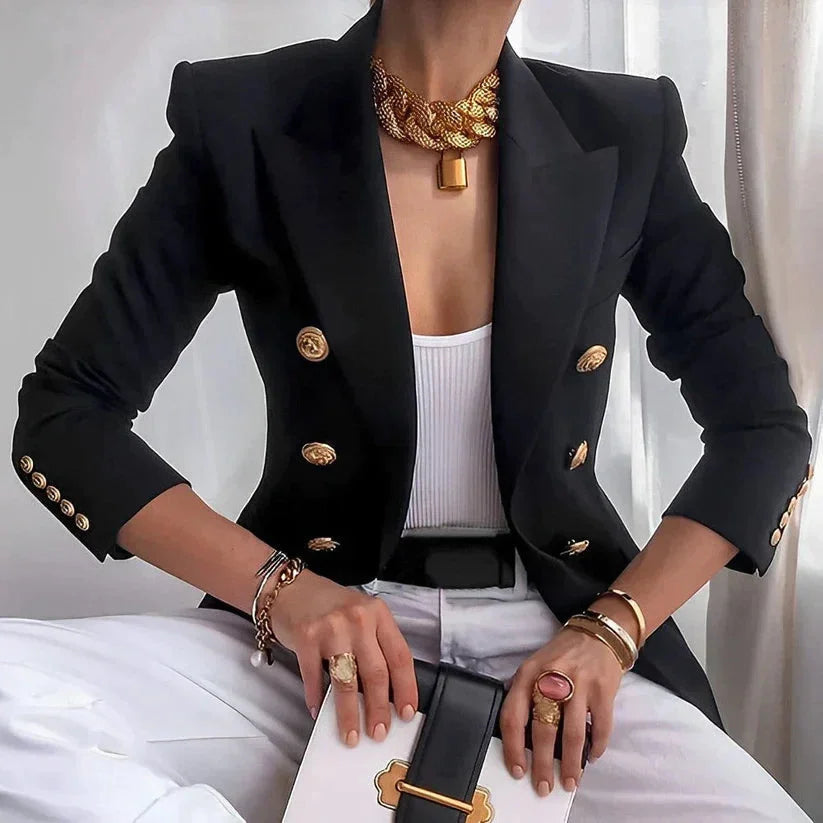 Dazzle Women's blazer featuring a stylish double-breasted design and elegant gold buttons, perfect for chic office wear and formal occasions. 0