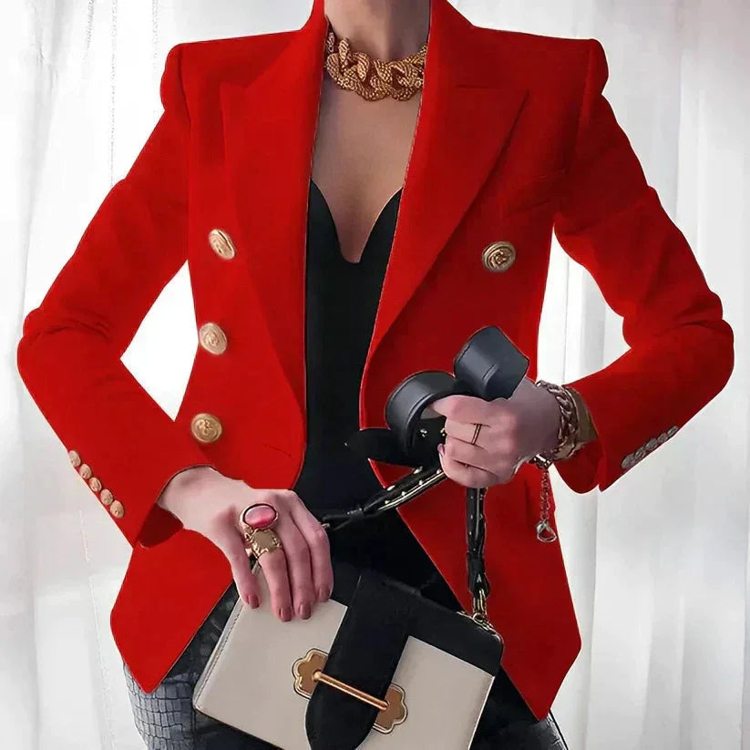 Dazzle Women's blazer featuring a stylish double-breasted design and elegant gold buttons, perfect for chic office wear and formal occasions. 2