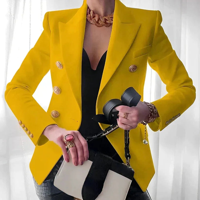 Dazzle Women's blazer featuring a stylish double-breasted design and elegant gold buttons, perfect for chic office wear and formal occasions. 3