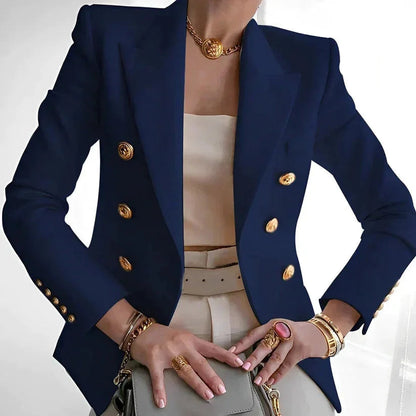 Dazzle Women's blazer featuring a stylish double-breasted design and elegant gold buttons, perfect for chic office wear and formal occasions. 4