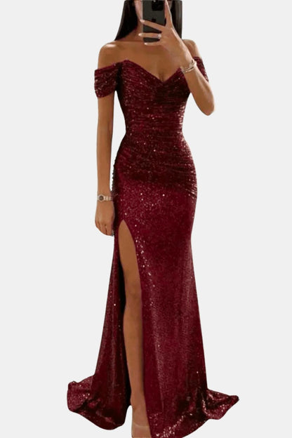 Dazzle Women’s Maxi Dress featuring an elegant off-shoulder design and sparkling sequin detailing, perfect for formal occasions and evening events. 0
