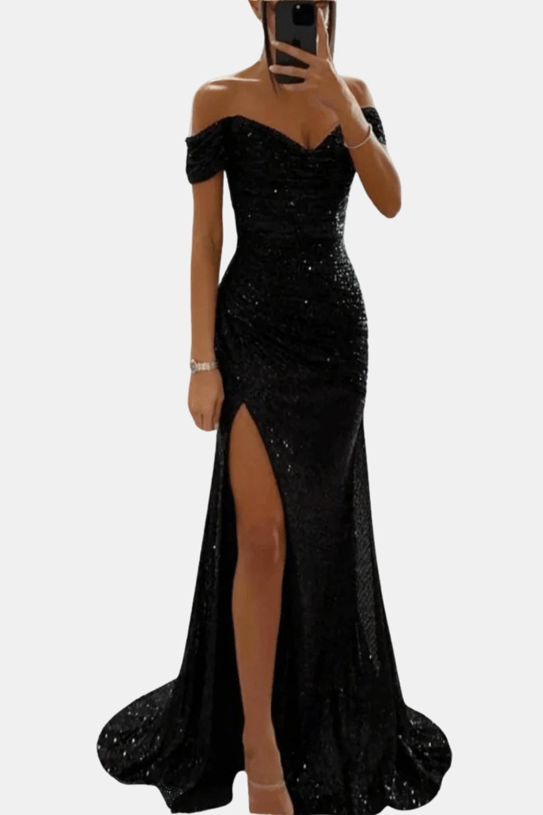 Dazzle Women’s Maxi Dress featuring an elegant off-shoulder design and sparkling sequin detailing, perfect for formal occasions and evening events. 1