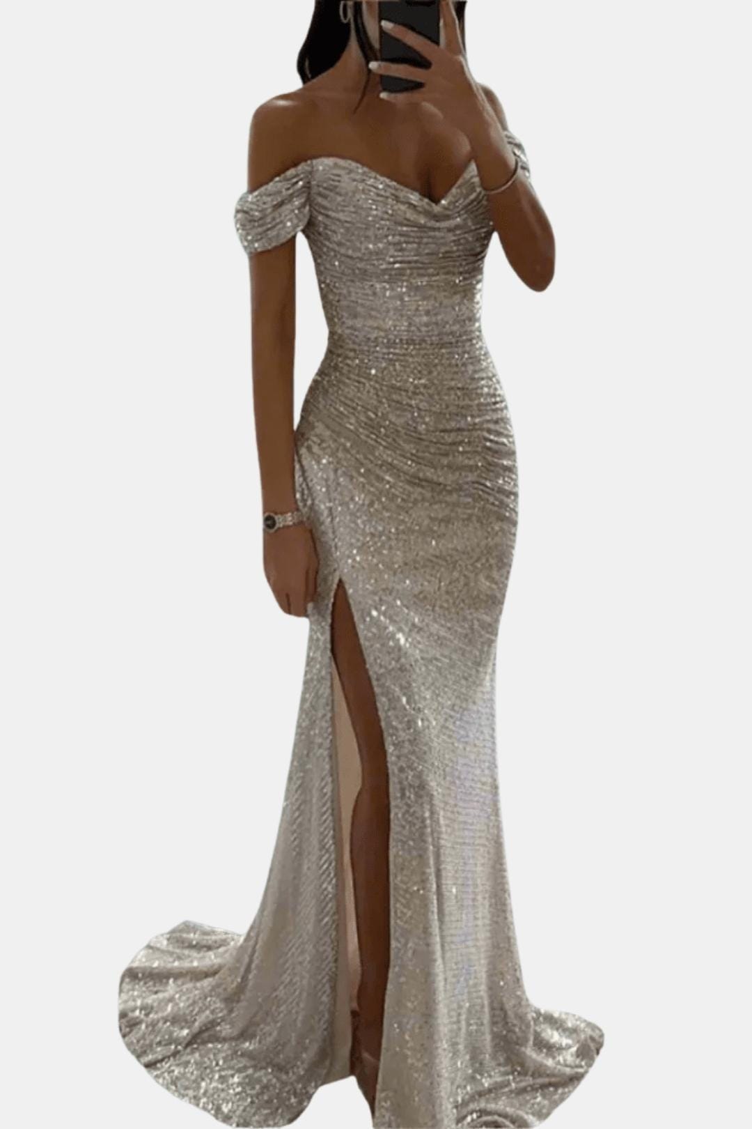 Dazzle Women’s Maxi Dress featuring an elegant off-shoulder design and sparkling sequin detailing, perfect for formal occasions and evening events. 2