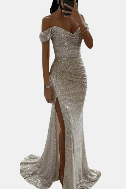 Dazzle Women’s Maxi Dress featuring an elegant off-shoulder design and sparkling sequin detailing, perfect for formal occasions and evening events. 2