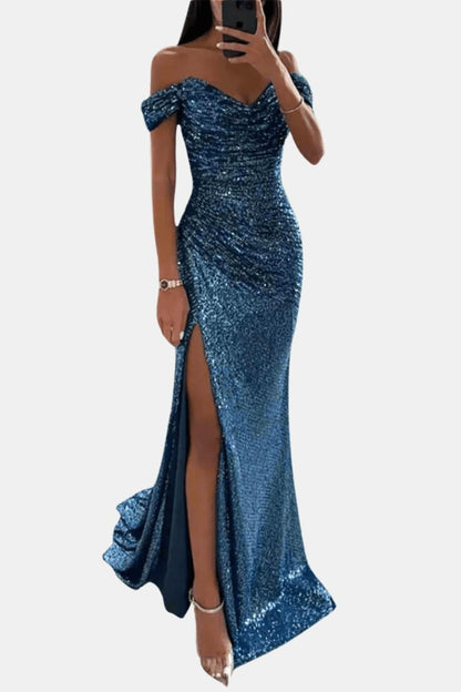 Dazzle Women’s Maxi Dress featuring an elegant off-shoulder design and sparkling sequin detailing, perfect for formal occasions and evening events. 3