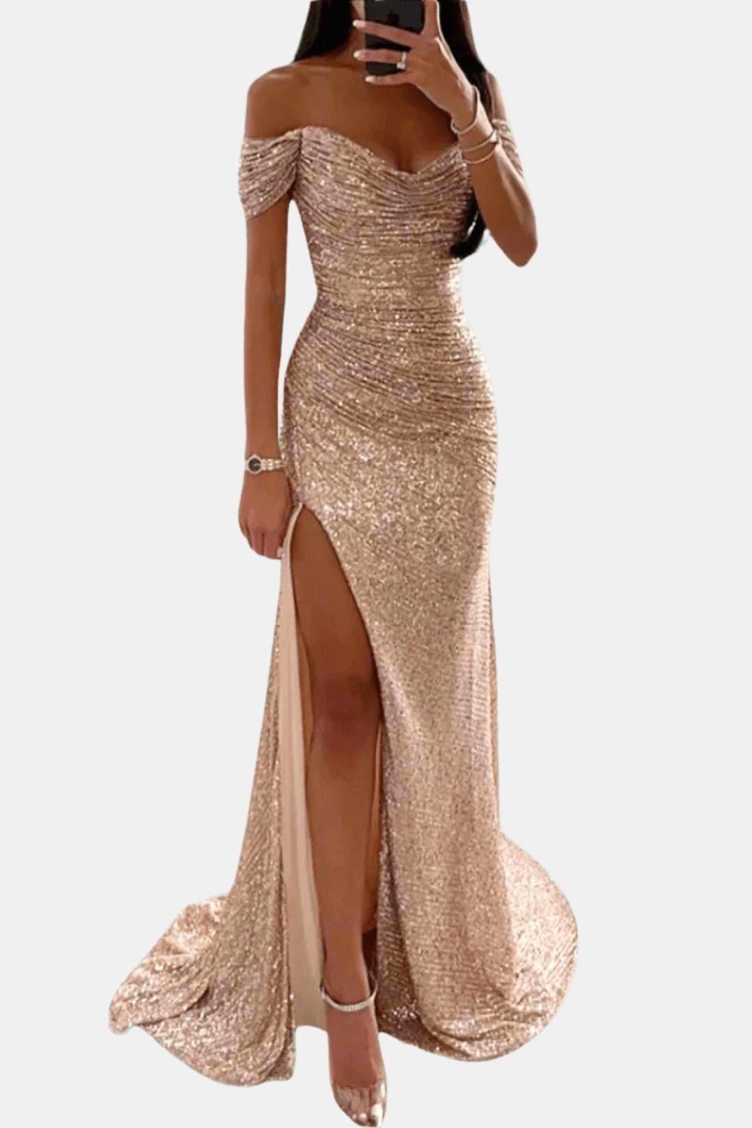 Dazzle Women’s Maxi Dress featuring an elegant off-shoulder design and sparkling sequin detailing, perfect for formal occasions and evening events. 4