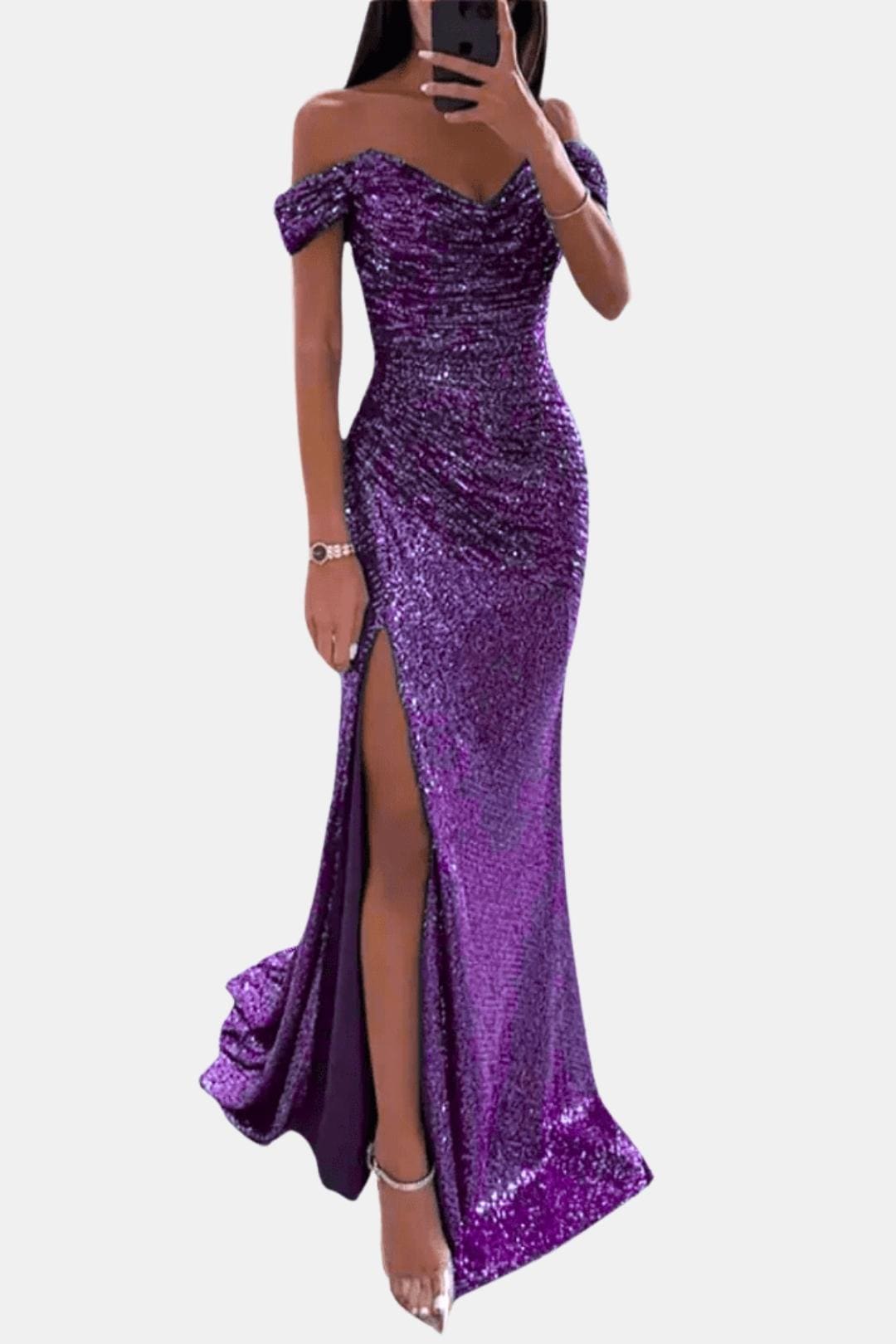 Dazzle Women’s Maxi Dress featuring an elegant off-shoulder design and sparkling sequin detailing, perfect for formal occasions and evening events. 5