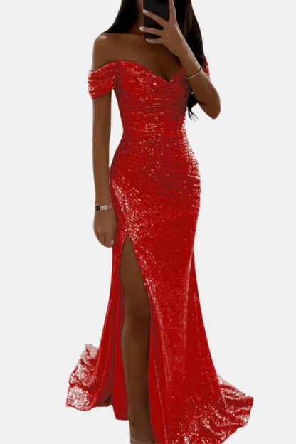 Dazzle Women’s Maxi Dress featuring an elegant off-shoulder design and sparkling sequin detailing, perfect for formal occasions and evening events. 6