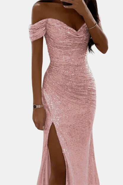 Dazzle Women’s Maxi Dress featuring an elegant off-shoulder design and sparkling sequin detailing, perfect for formal occasions and evening events. 7