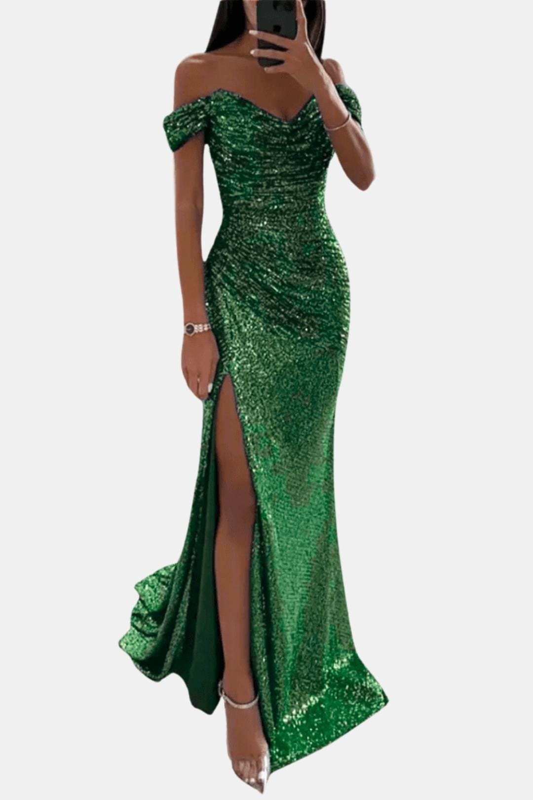 Dazzle Women’s Maxi Dress featuring an elegant off-shoulder design and sparkling sequin detailing, perfect for formal occasions and evening events. 8