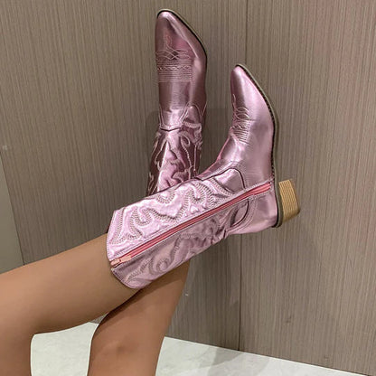 Delia Women's Mid-Calf Boots featuring a stylish western-inspired design and a comfortable block heel, perfect for everyday wear. 1