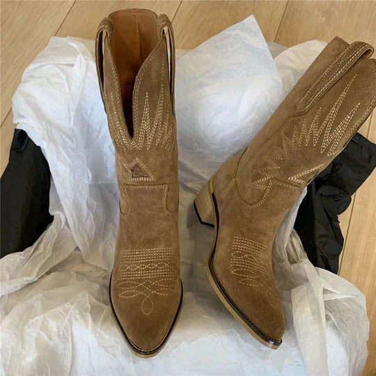 Delia Women's Mid-Calf Boots featuring a stylish western-inspired design and a comfortable block heel, perfect for everyday wear. 5