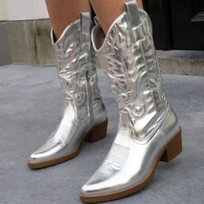 Delia Women's Mid-Calf Boots featuring a stylish western-inspired design and a comfortable block heel, perfect for everyday wear. 6
