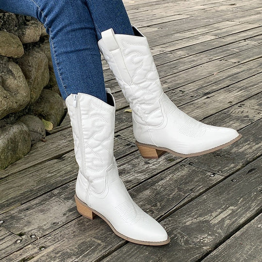 Delia Women's Mid-Calf Boots featuring a stylish western-inspired design and a comfortable block heel, perfect for everyday wear. 8