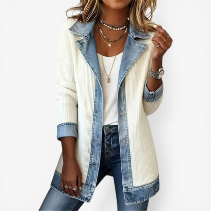Elaine Women's Layered Collar Jacket featuring soft knit fabric and stylish denim-inspired details, perfect for a chic and comfortable look. 0