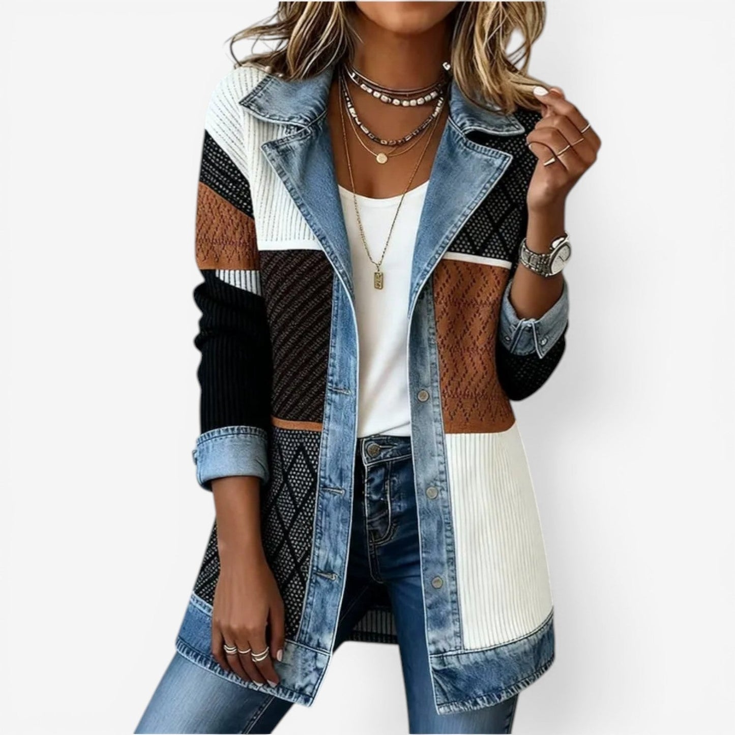 Elaine Women's Layered Collar Jacket featuring soft knit fabric and stylish denim-inspired details, perfect for a chic and comfortable look. 2