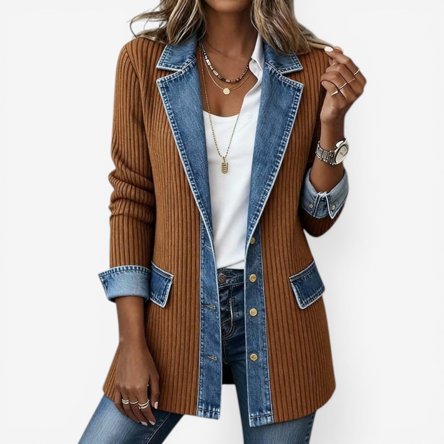 Elaine Women's Layered Collar Jacket featuring soft knit fabric and stylish denim-inspired details, perfect for a chic and comfortable look. 3