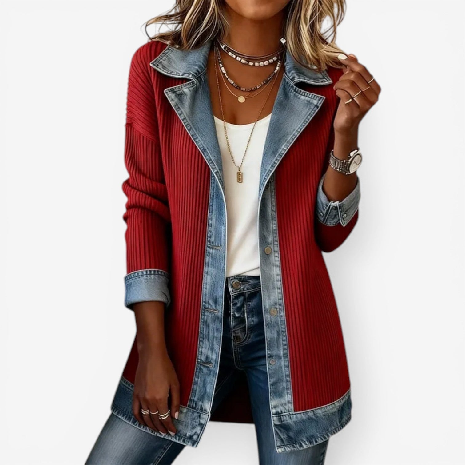 Elaine Women's Layered Collar Jacket featuring soft knit fabric and stylish denim-inspired details, perfect for a chic and comfortable look. 4