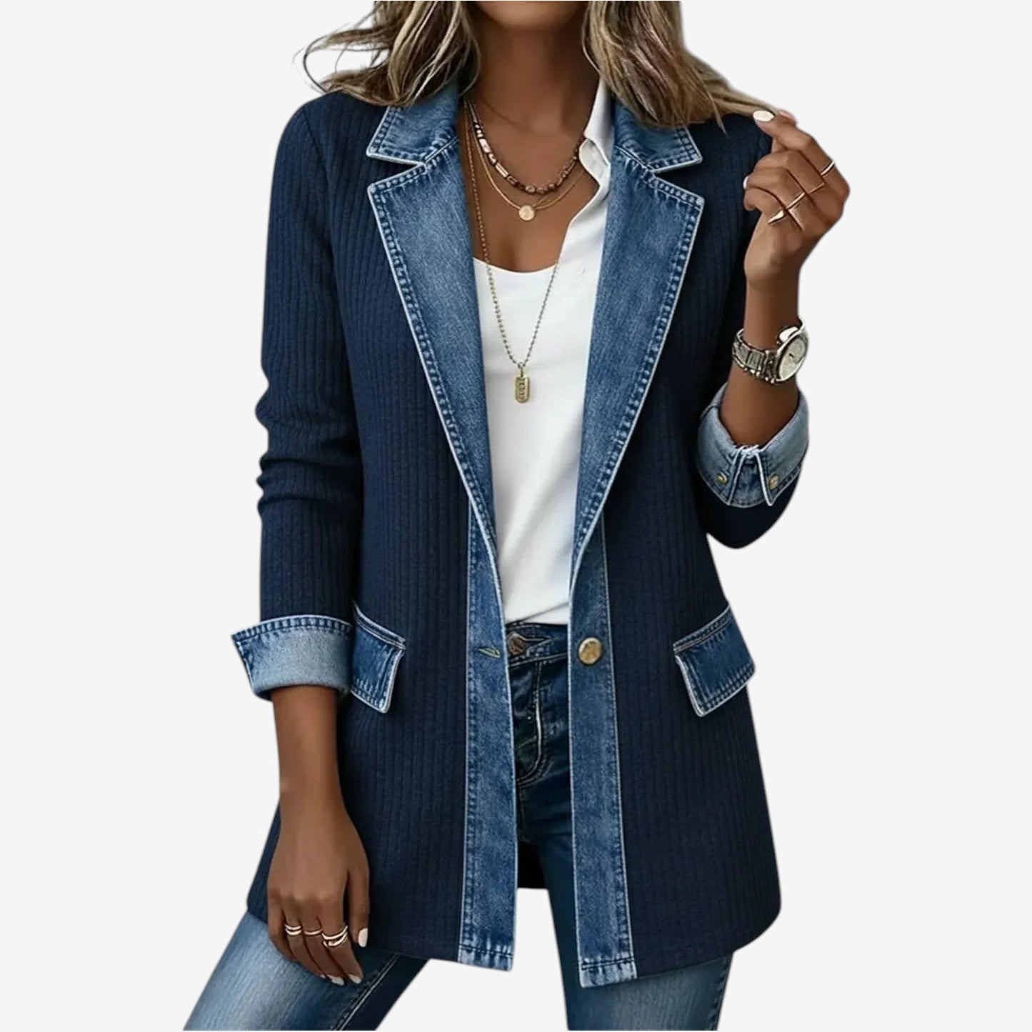 Elaine Women's Layered Collar Jacket featuring soft knit fabric and stylish denim-inspired details, perfect for a chic and comfortable look. 5