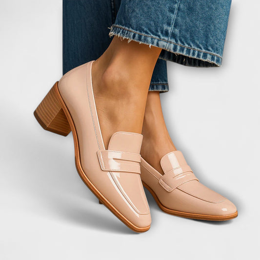 Glossy finish Elaine women's loafers featuring a stylish block heel, perfect for both casual and formal occasions. 0