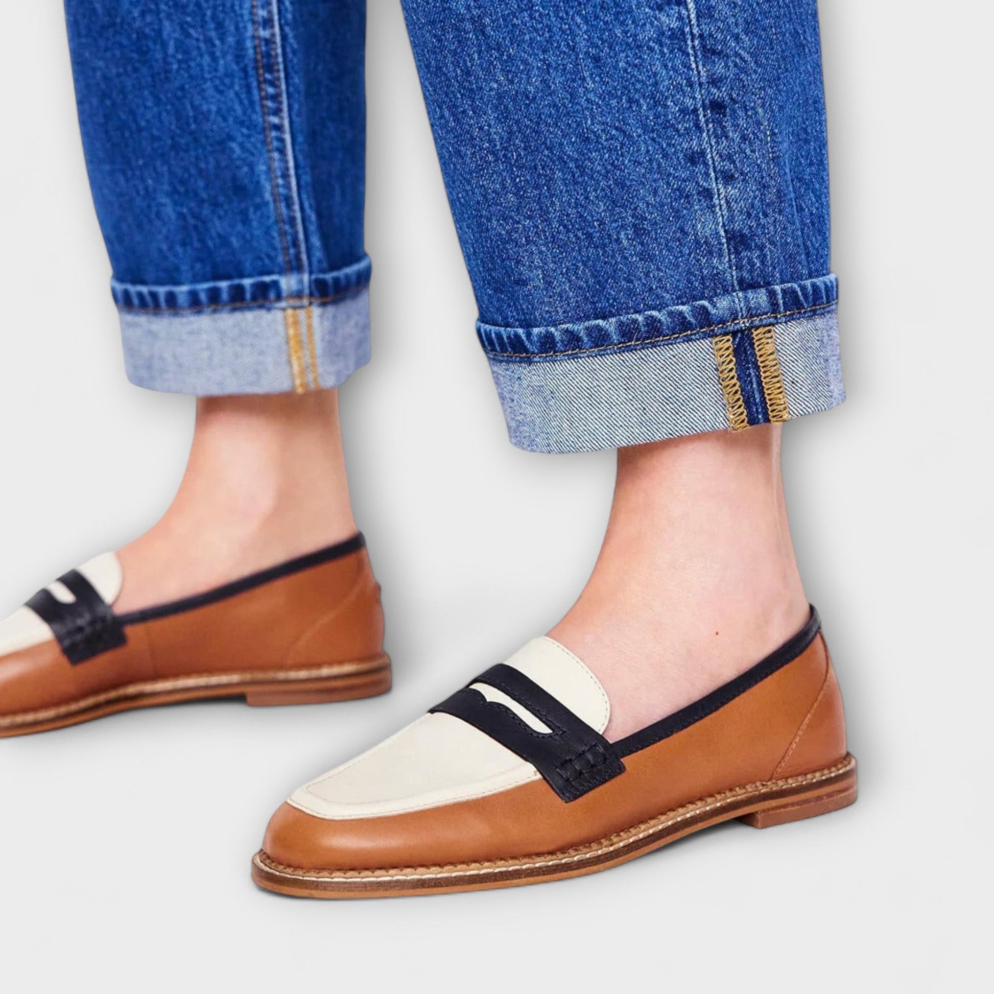 Elena Women’s Loafers featuring a stylish colour-block design and comfortable round toe, perfect for casual and chic outfits. 0