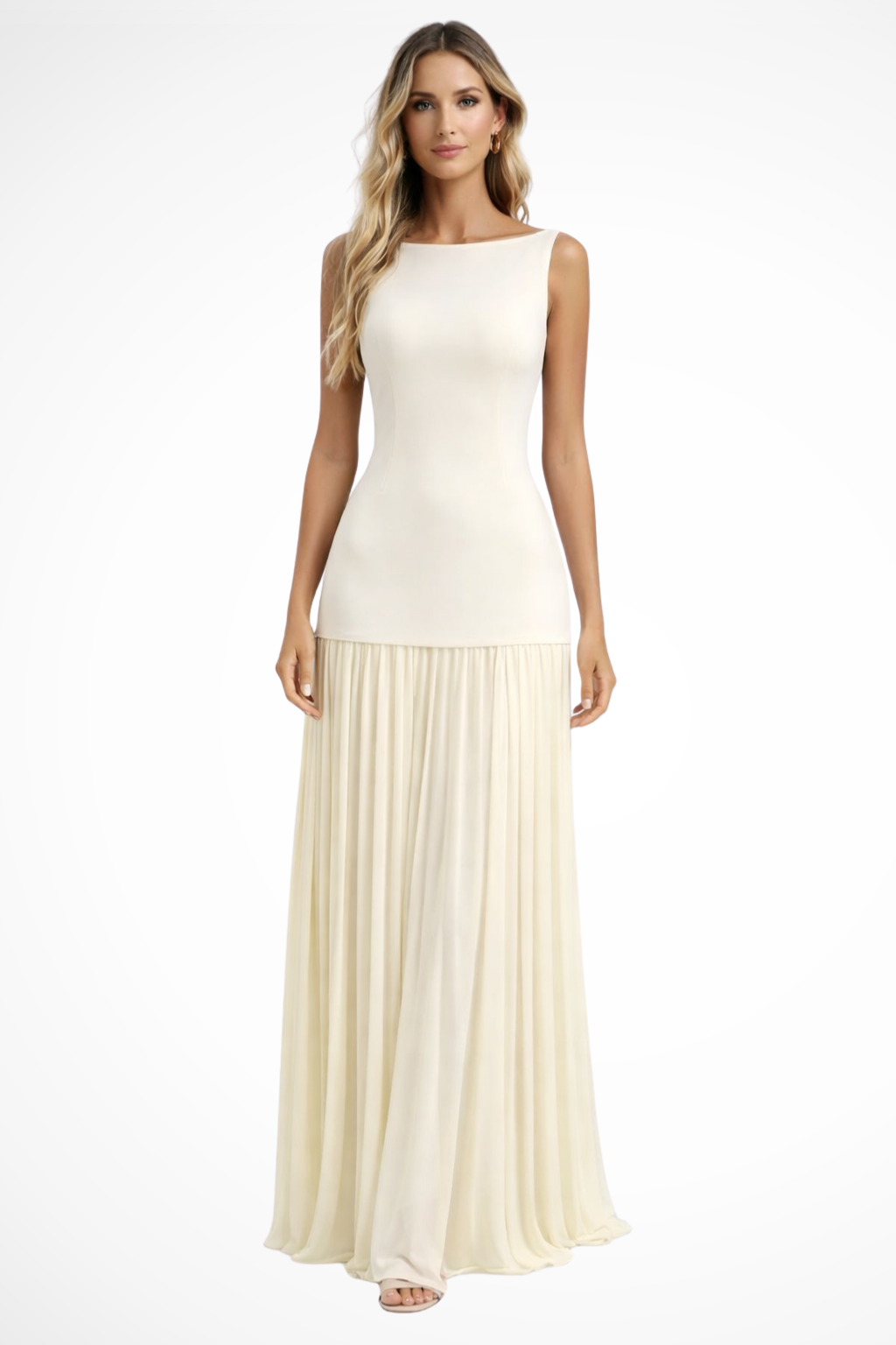 Eline Women's Maxi Dress featuring a pleated skirt and elegant boat neckline, perfect for stylish summer outings and special occasions. 1