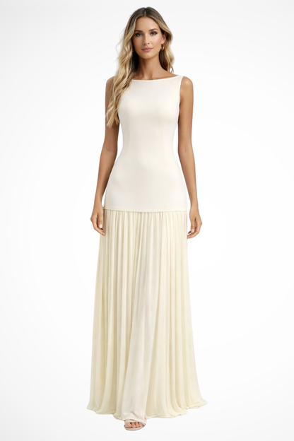 Eline Women's Maxi Dress featuring a pleated skirt and elegant boat neckline, perfect for stylish summer outings and special occasions. 1