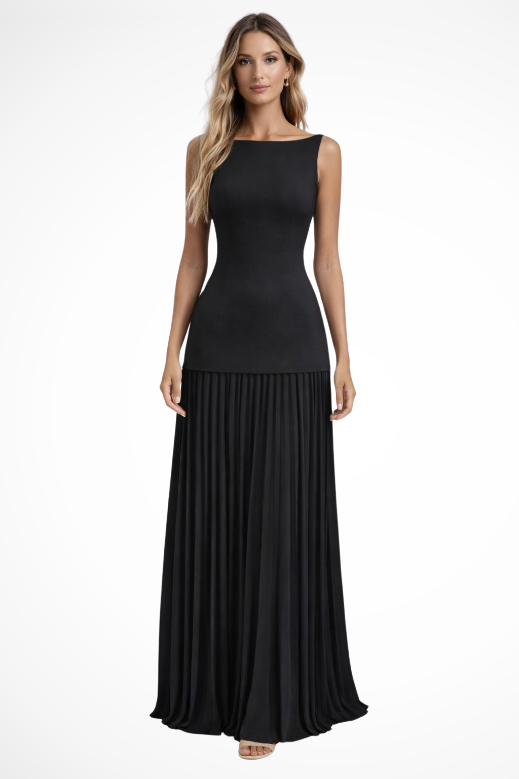Eline Women's Maxi Dress featuring a pleated skirt and elegant boat neckline, perfect for stylish summer outings and special occasions. 2
